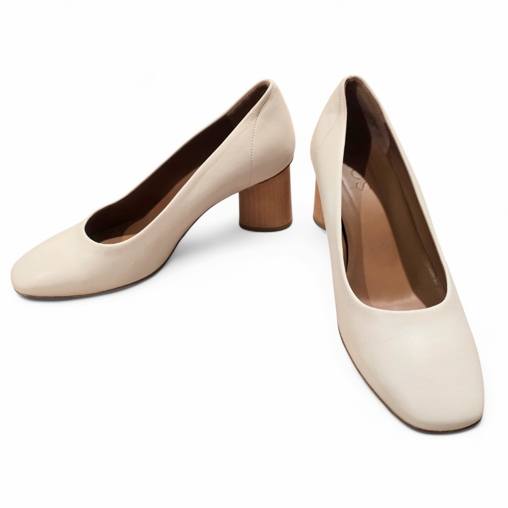 COS White Cream Leather Round Toe Pumps with Wooden Block Heels Size 38 / 8